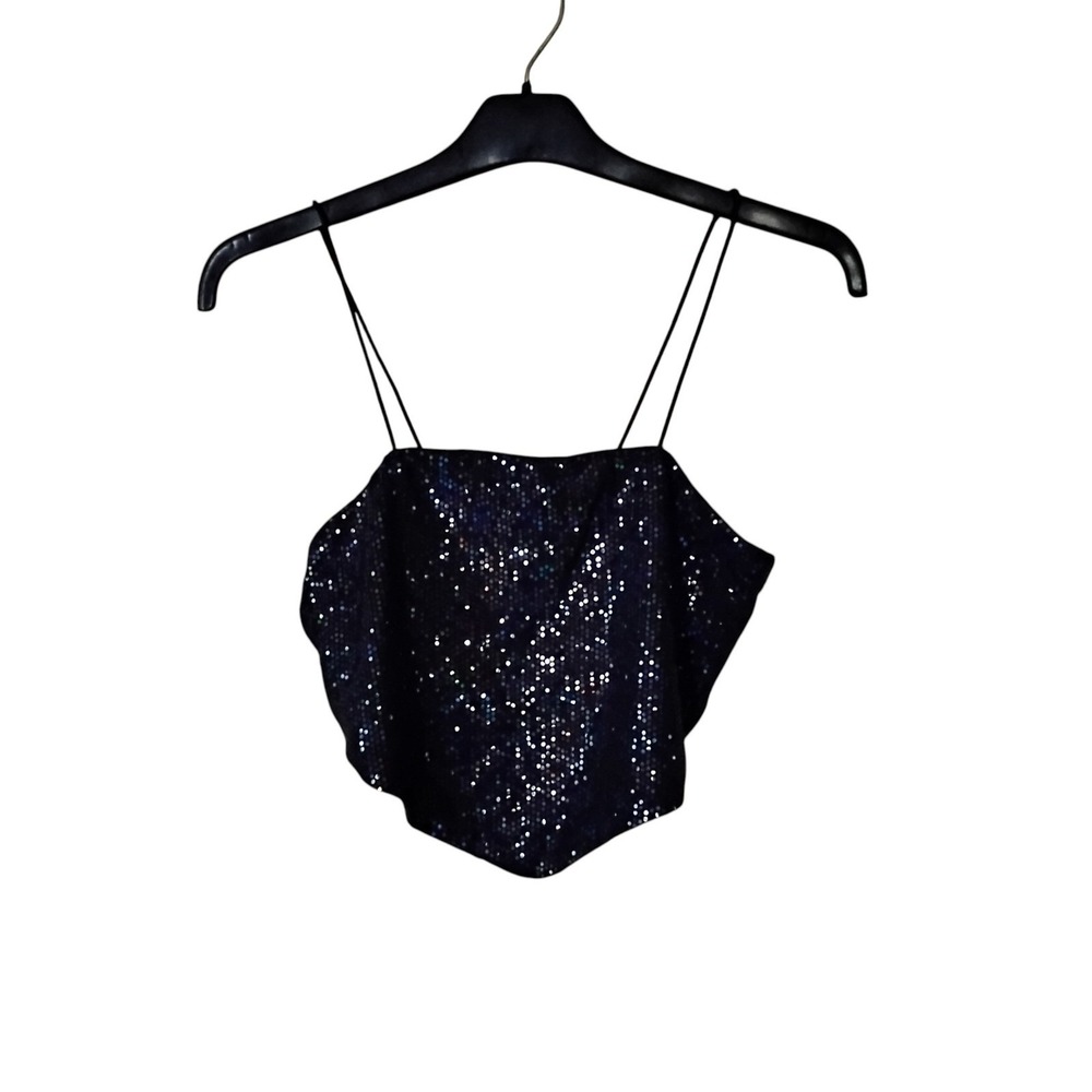Rue21 Womens Black Holographic Sequin Handkerchief Hem Crop Cami Top Medium
